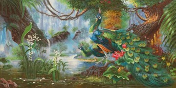 花の森の孔雀 花 木 鳥 Oil Paintings